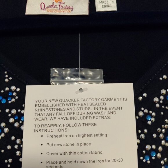 Quacker Factory Rhinestone Embellished Top 3/4 Sleeves Navy Blue 2X NWT - Picture 3 of 6